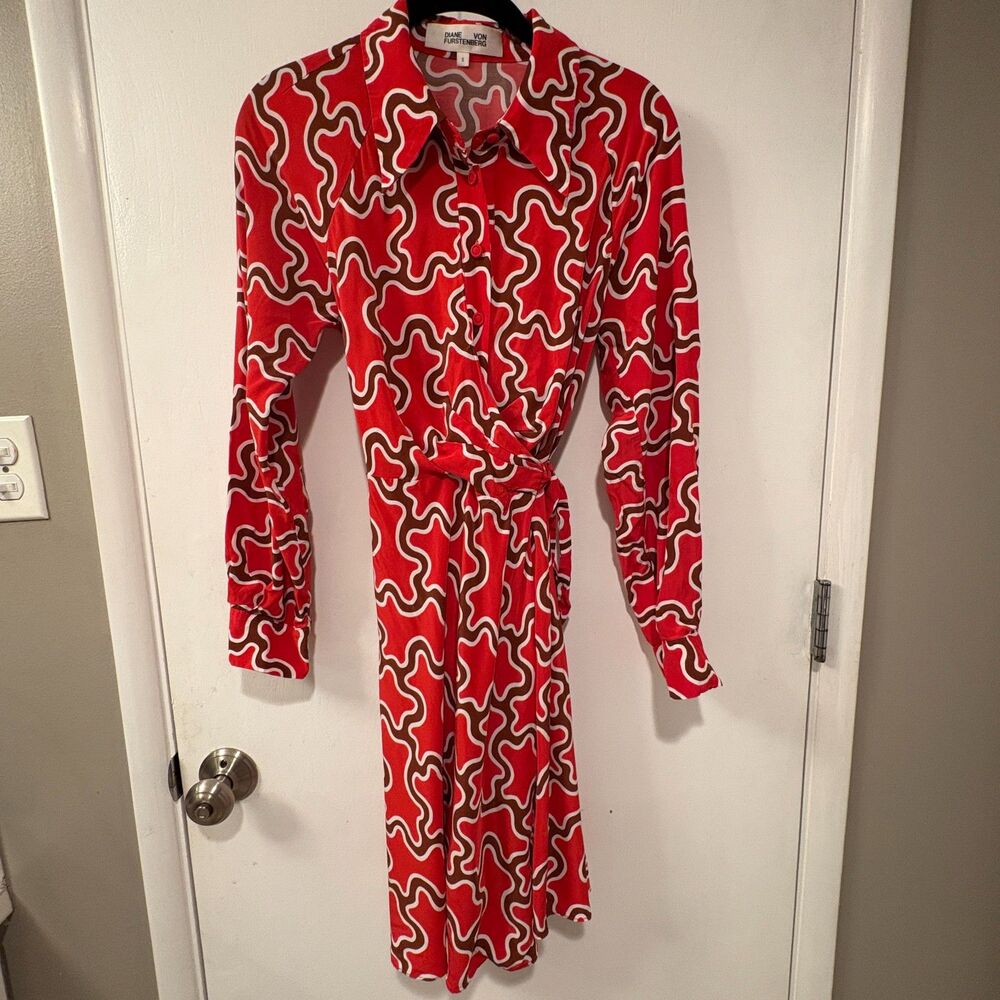 Diane Von Furstenberg Red and White Long Sleeve Dress - Picture 2 of 12